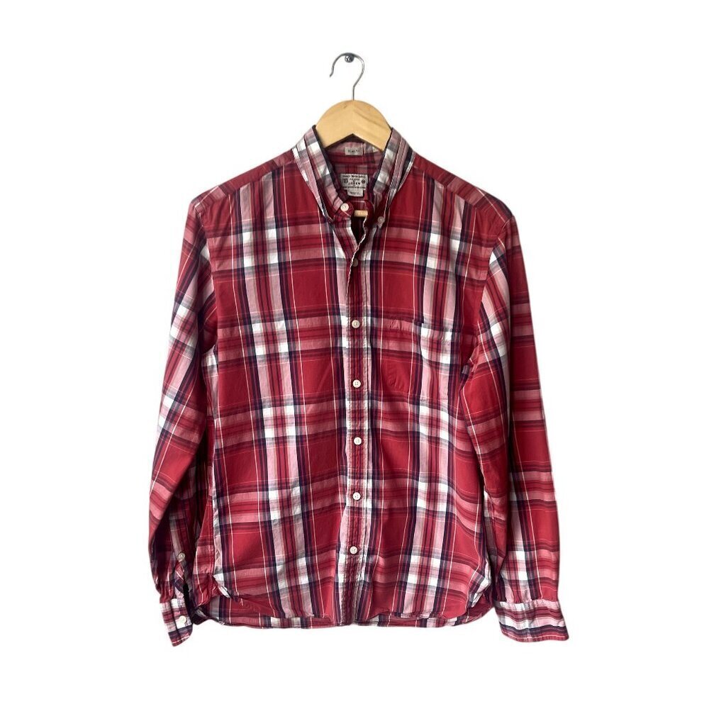J.Crew Mens Slim Fit Red Plaid Cotton Sz M Long Sleeve Preppy‎ Button Down Shirt